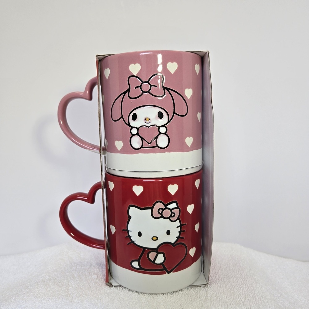 Hello Kitty My Melody Mug Set By Sanrio Blue Sky Heart Shaped Handle Coffee Cup